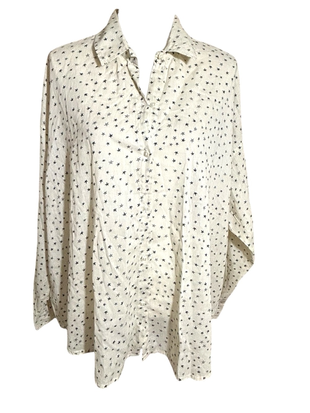 Billabong Cream Cotton Longsleeve Button Front Shirt with Navy Star Print Large